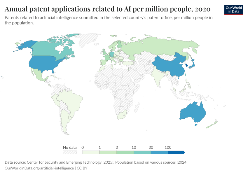 A thumbnail of the "Annual patent applications related to AI per million people" chart